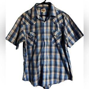 ELY CATTLEMAN Western Blue Gray Silver PLAID PEARL SNAP BUTTON Mens Shirt Sz XL